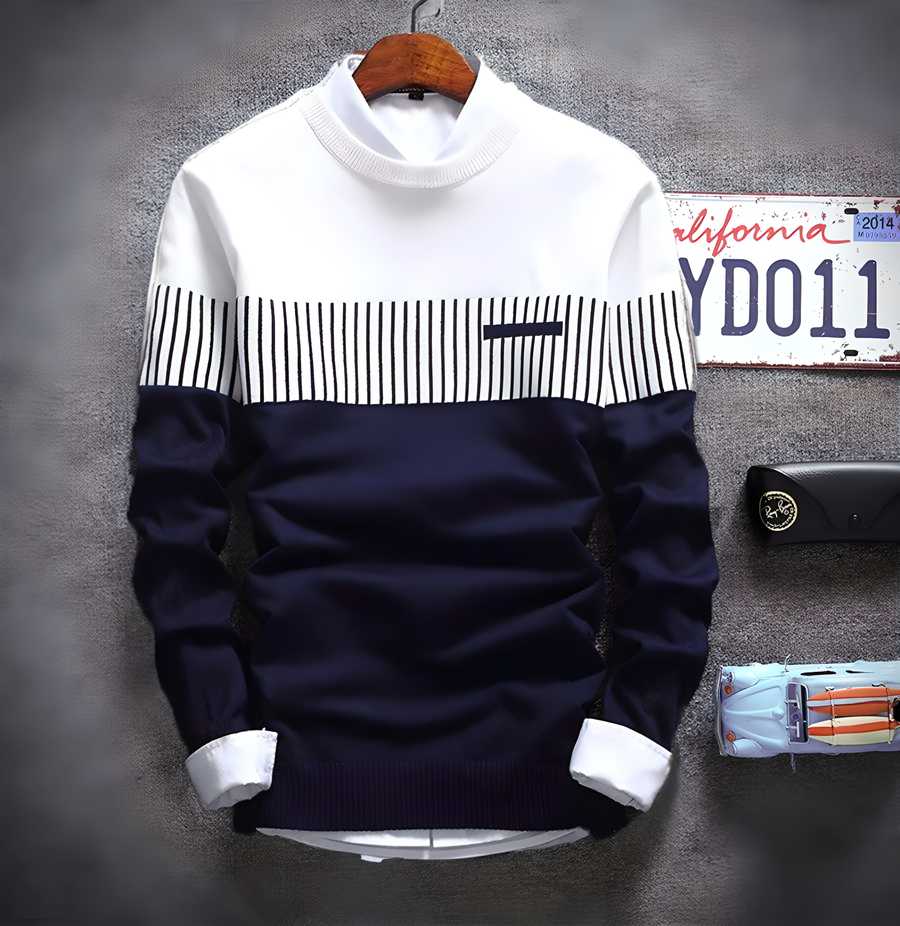 Cotton White & Blue Pattern Full Sleeves Men's T-Shirt