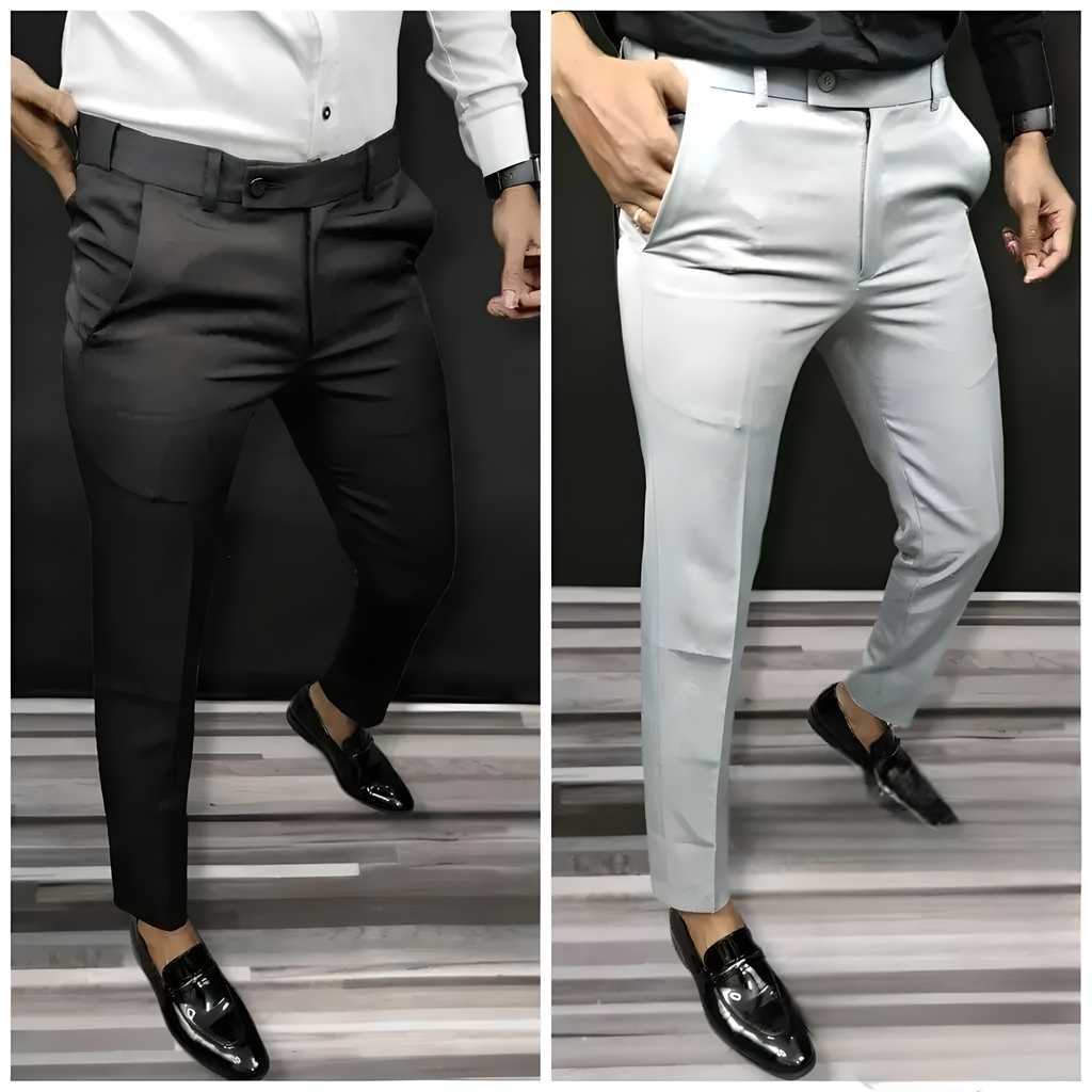 Lycra Solid Slim Fit Men's Formal Trouser (Pack of 2)