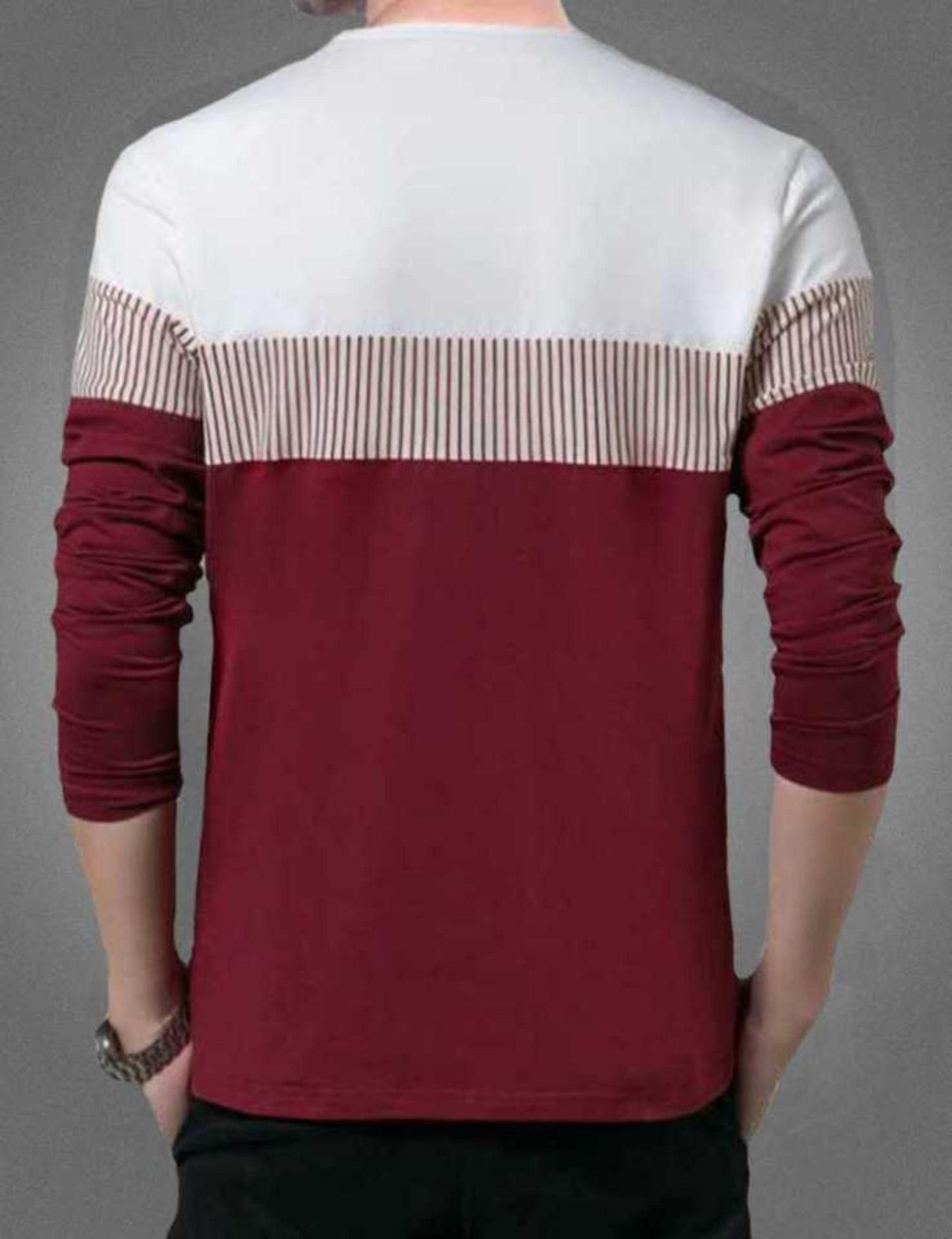Cotton White &amp; Maroon Pattern Full Sleeves Men's T-Shirt